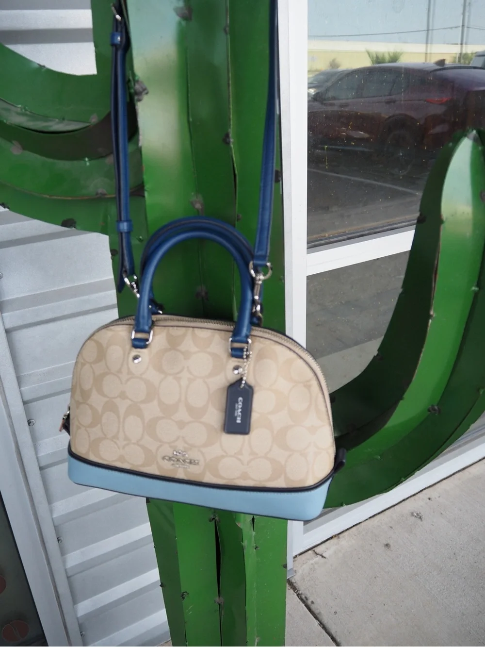 Coach Khaki Signature Canvas Satchel with Light Blue and Navy Trim